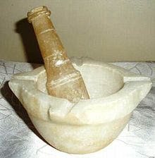 mortar and pestle used for grinding insoluble solids, such as platinum, into homeopathic preparations. Photo credit - wikipedia
